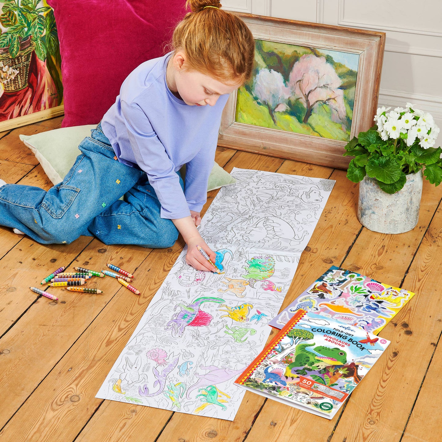 Dinosaurs Abound Fold-Out Coloring Book with Stickers by eeBoo