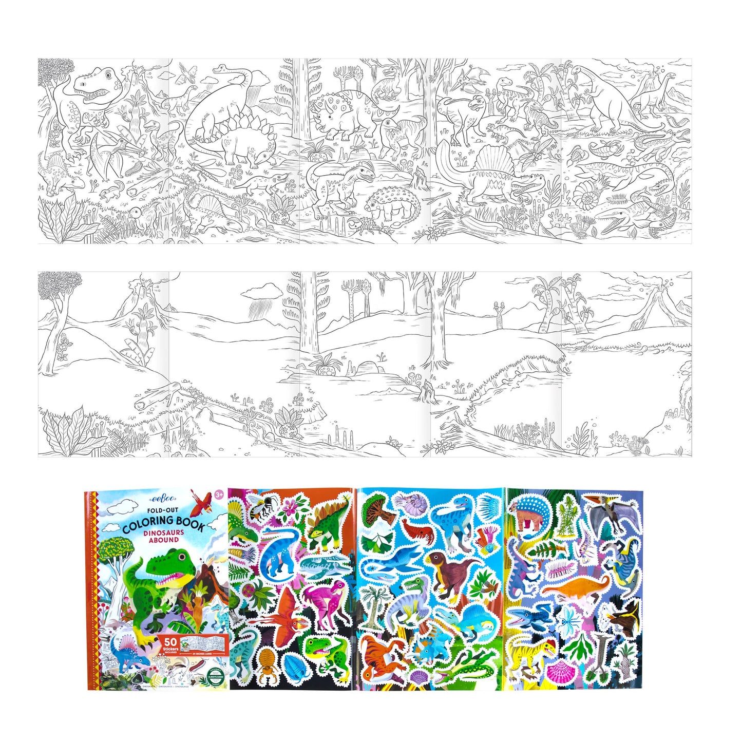 Dinosaurs Abound Fold-Out Coloring Book with Stickers by eeBoo