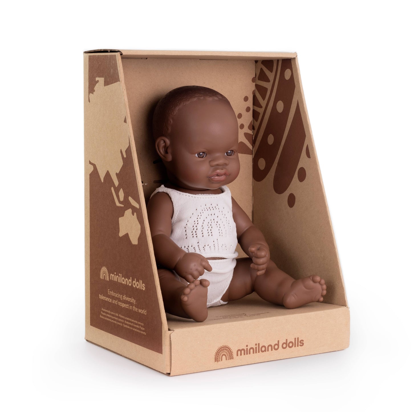 Miniland Baby Doll Dark Skin Tone Girl 12 5/8"