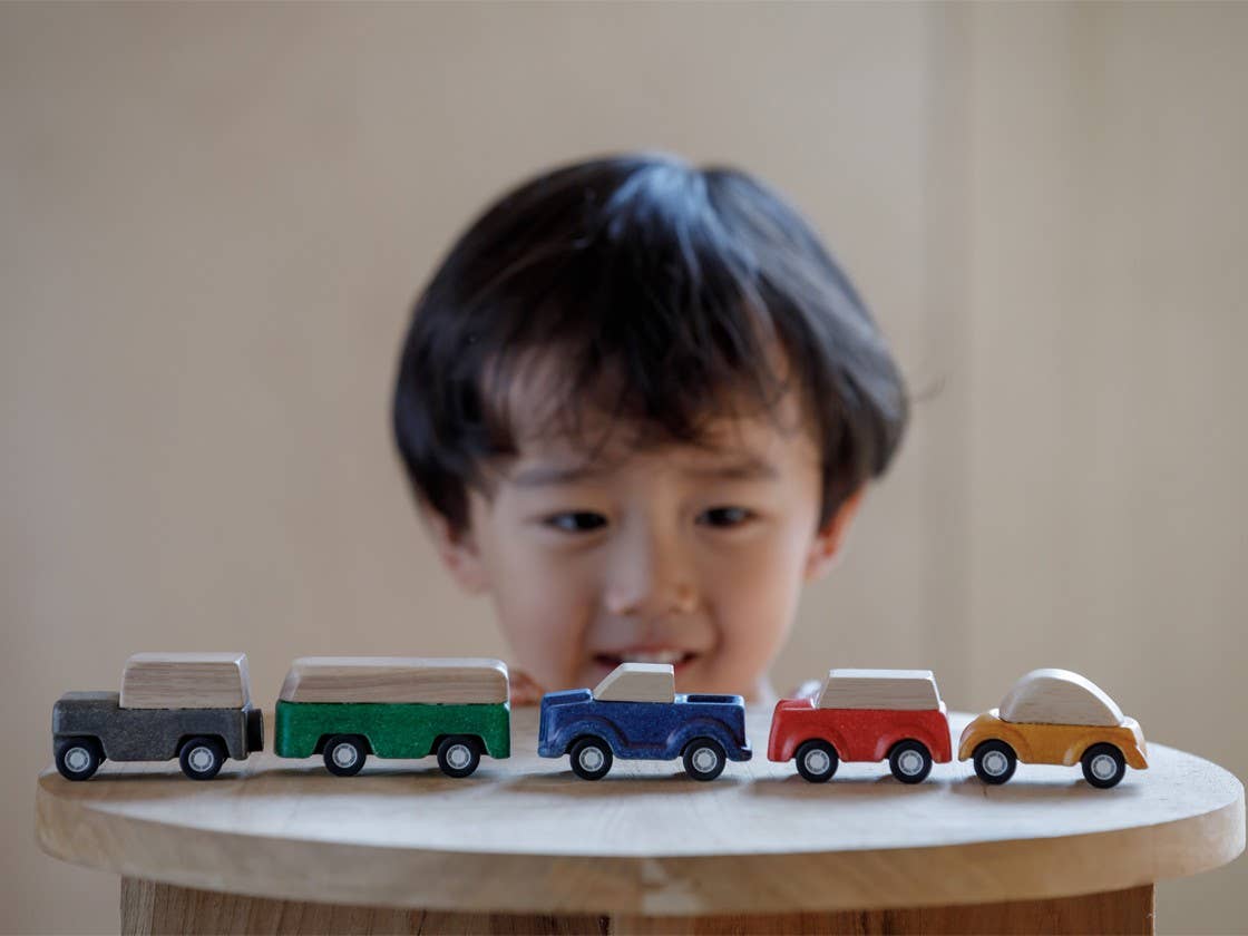 PlanWorld Toy Cars Set - Car, SUV, Bus, Truck, and Wagon by PlanToys