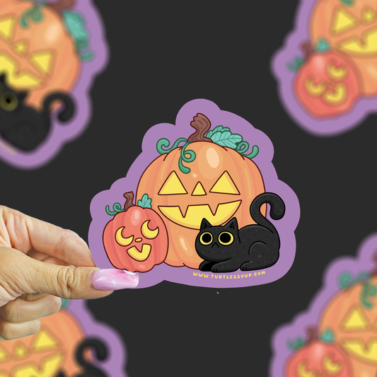 Pumpkin and Black Cat Cute Halloween Vinyl Sticker
