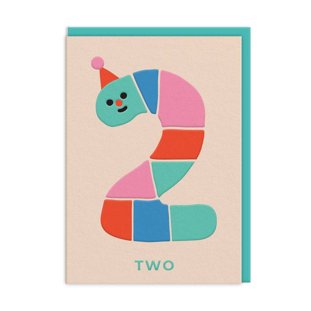 Number 2 Rainbow Worm Birthday Card