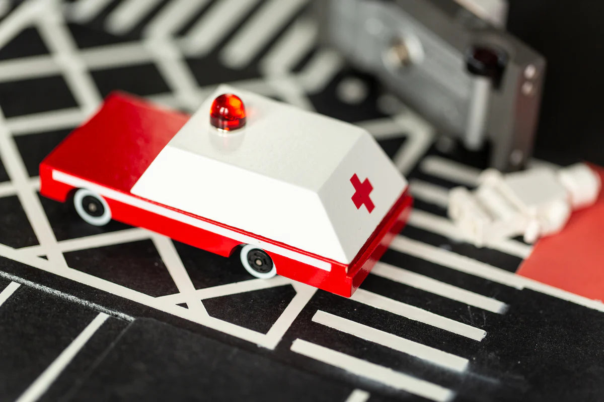 Red and White Ambulance Candylab Car